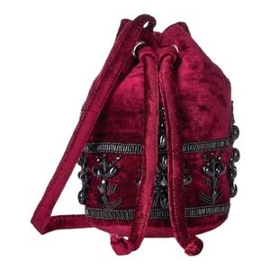 Steve Madden Velvet Emerald Beaded Drawstring Mini Bucket Bag